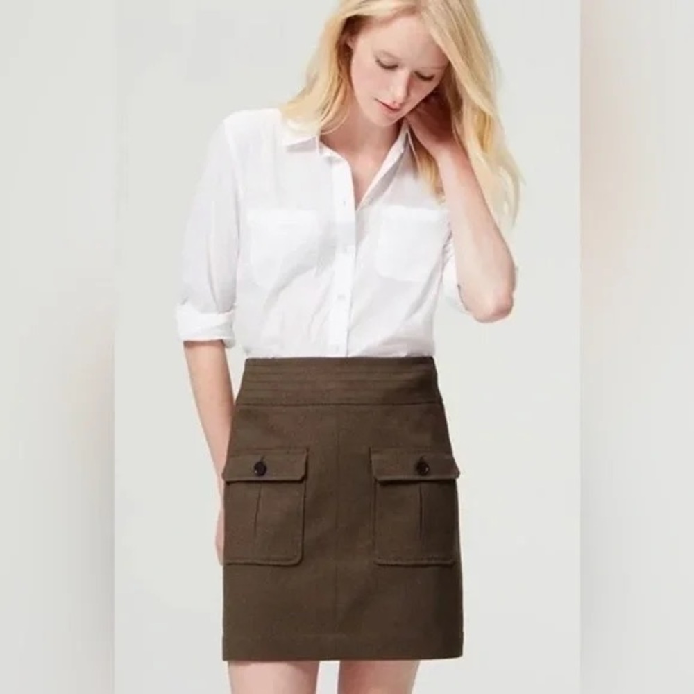 LOFT Olive Green Mini Skirt Button Pocket Preppy Utility Classic Work Petite 12P